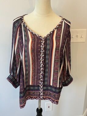 Ruby Rd. Striped Boho V-Neck Tunic in Purple, Navy & Cream